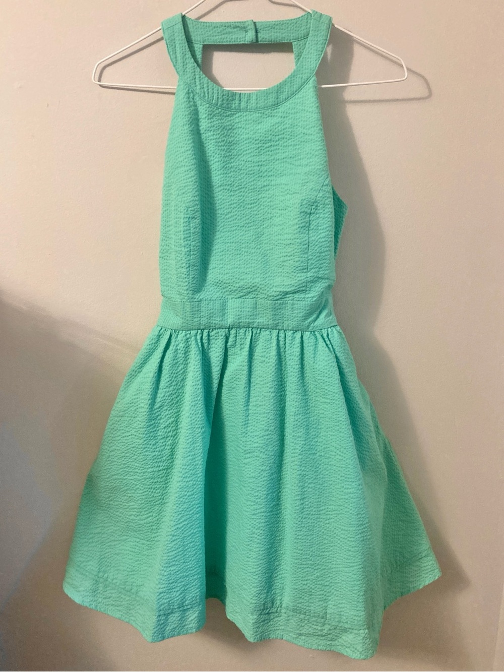 Lauren James Preppy Seersucker Bow Dress Formal Size XS Seafoam Green Open Back